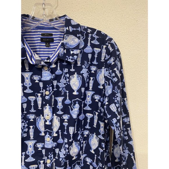 Talbots Shirt Womens 10 Navy Blue Non-Iron Porcelain Vase Print Button Front - Picture 4 of 5